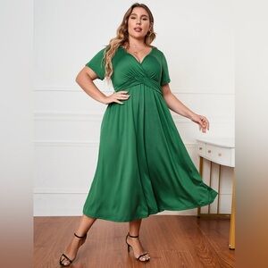 Plus Size Short Sleeve Surplice Neck Midi Dress